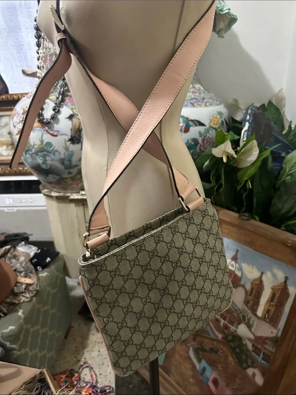 Luxury Monogram Crossbody Bag with Pink Leather Trim